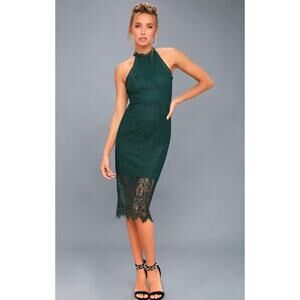 Lulu’s Emerald Green Crochet Lace Halter Midi Dress XS Cocktail Holiday Party